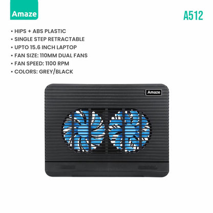Amaze A512 Dual Silent Fan Laptop Cooling Pad | Gray | Ultra-Quiet Operation | Ergonomic Tilt | USB Powered | Up to 17" Laptops