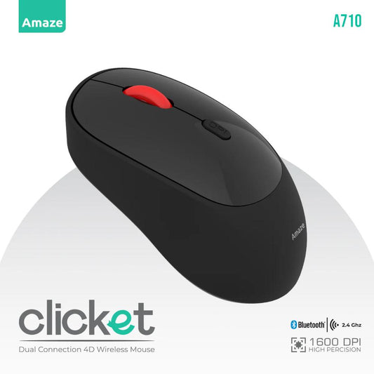Amaze A710 Clicket Dual Mode Wireless Mouse | Bluetooth + 2.4G | Adjustable DPI | Silent Clicks | Ergonomic Design | USB Receiver Included