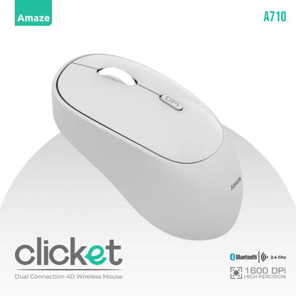 Amaze A710 Clicket Dual Mode Wireless Mouse | Bluetooth + 2.4G | Adjustable DPI | Silent Clicks | Ergonomic Design | USB Receiver Included
