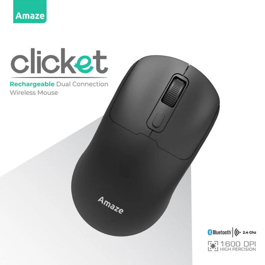 Amaze Clicket A712 Wireless Mouse | Dual Wireless Bluetooth + 2.4GHz | Adjustable 800/1200/1600 DPI | 4 Buttons | Silent Touch | Rechargeable Type-C | 500mAh Battery | 64g