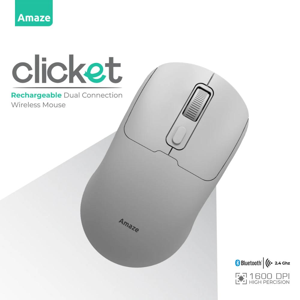 Amaze Clicket A712 Wireless Mouse | Dual Wireless Bluetooth + 2.4GHz | Adjustable 800/1200/1600 DPI | 4 Buttons | Silent Touch | Rechargeable Type-C | 500mAh Battery | 64g