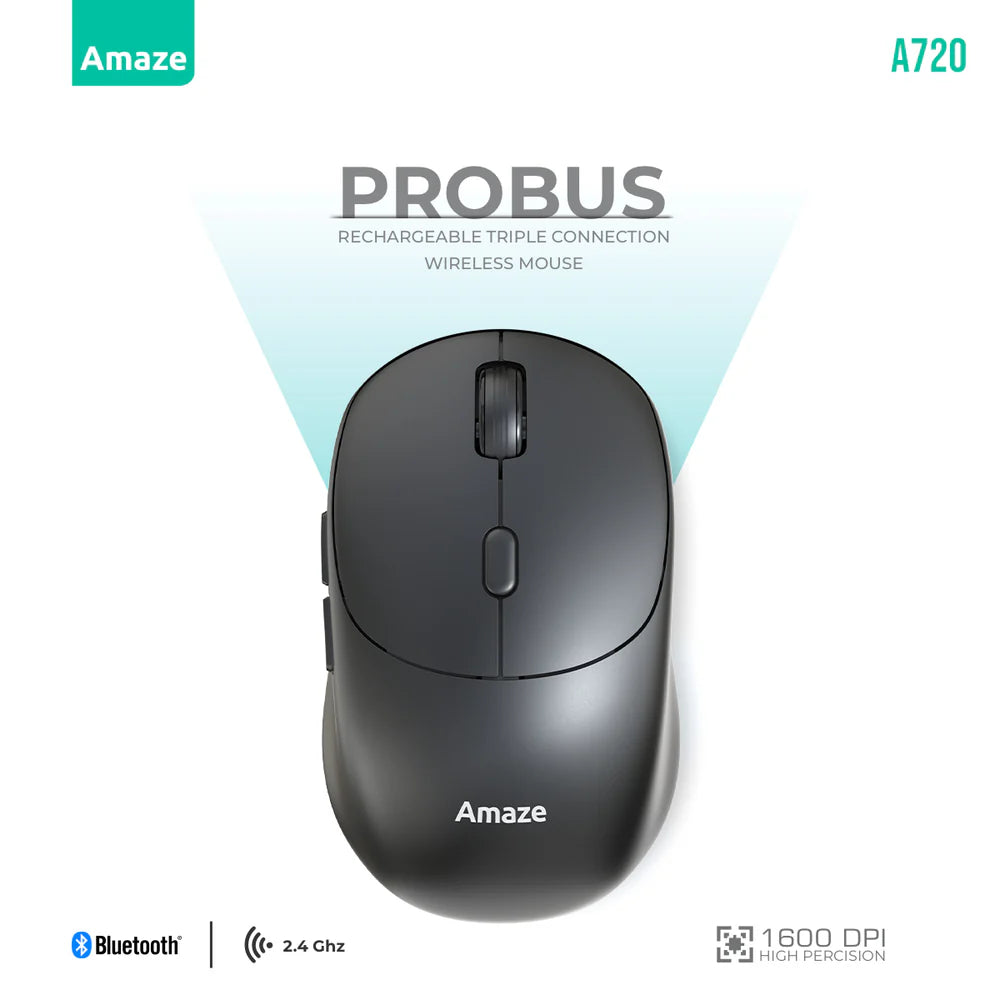 Amaze Probus A720 Tri-Mode Wireless Mouse | Connect 2 Bluetooth Devices + 1 via 2.4GHz | Silent Clicks | 6 Buttons | Adjustable DPI | Ergonomic Design | Rechargeable