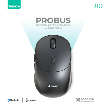 Amaze Probus A720 Tri-Mode Wireless Mouse | Connect 2 Bluetooth Devices + 1 via 2.4GHz | Silent Clicks | 6 Buttons | Adjustable DPI | Ergonomic Design | Rechargeable