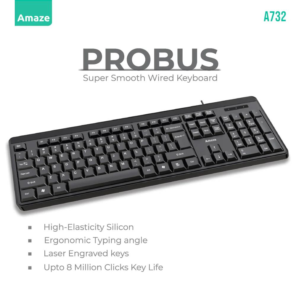 Amaze Probus A732 Wired Keyboard | Super Smooth Typing | Quiet Keystrokes | Ergonomic Typing Angle | USB 2.0