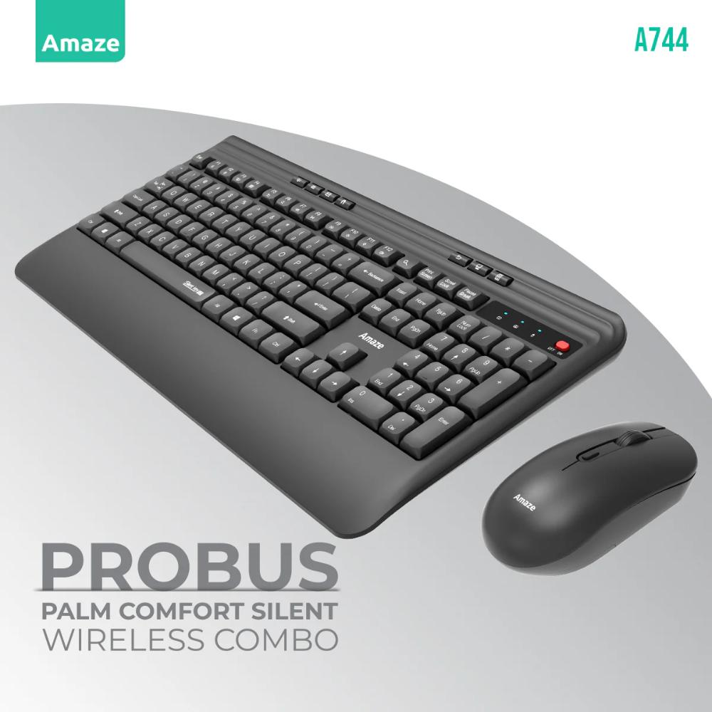Amaze Probus A744 Wireless Keyboard & Mouse Combo | Comfort Silent Keys | Built-In Palm Rest | Ergonomic Design | 2.4GHz Wireless | For Home & Office Use