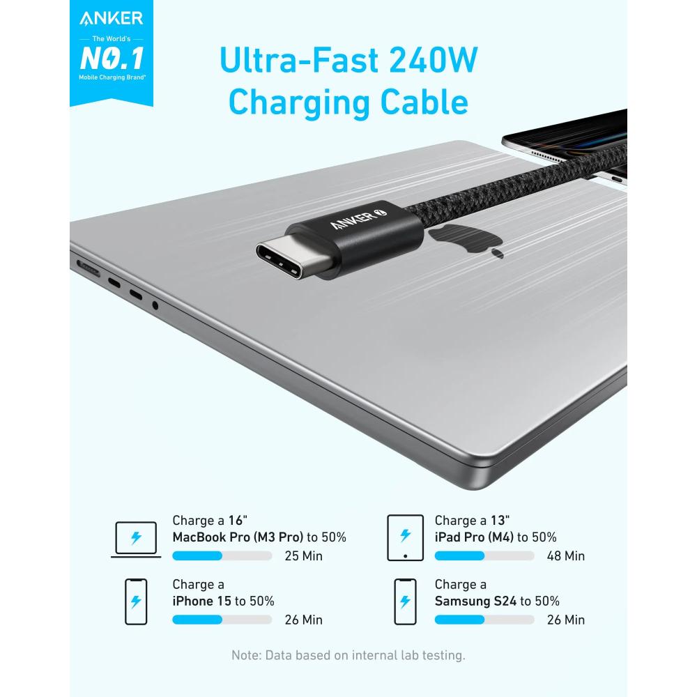 Anker Zolo A8060 USB-C to USB-C Cable | 240W PD 3.1 | 1.5M Braided Nylon | Fast Charging & Data Transfer