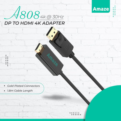Amaze A808 | DisplayPort to HDMI Adapter Cable | 4K Ultra HD | Plug & Play | Gold-Plated Connectors | 1.8 Meter