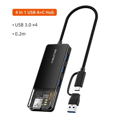 CABLETIME CB03B | USB-C & USB-A to 4-Port USB 3.0 Hub (5Gbps, 5V Power, Transparent Design) | CT-HUBT3-PB