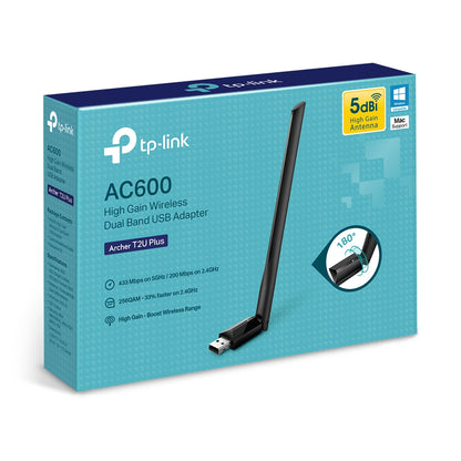 TP-Link Archer T2U Plus AC600 High Gain Wireless Dual Band USB Adapter | Dual-Band Wi-Fi Adapter with 5dBi Antenna and OS Compatibility