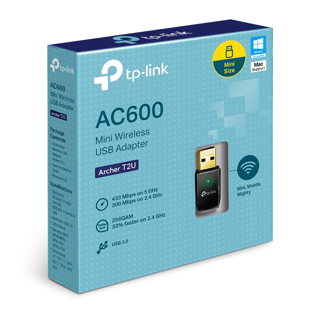 TP-Link Archer T2U AC600 Wireless Dual Band USB Adapter | Compact Wi-Fi Adapter with 802.11ac Speed, Dual-Band Support, and Advanced Security