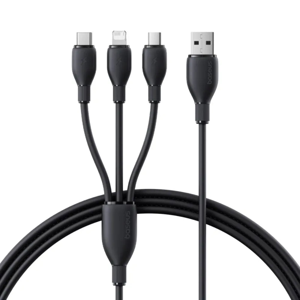 Baseus Ultra-Fast Series | 3-in-1 Fast Charging Cable | USB-A to Micro + Lightning + USB-C | 3.5A Max Output | Braided | Reinforced Connectors | 1.3 Meter | Cosmic Black | Model P10376303121-00 | For iPhone, Android, Bluetooth Accessories, Power Banks