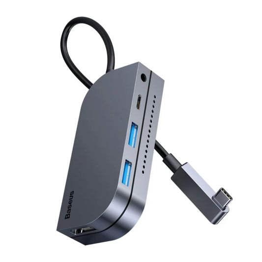 Baseus Bend Angle No.7 Series | Multifunctional Type-C HUB Converter (Upgrade) | 100W PD Input | 4K HDMI | USB-C Data + 2 × USB-A | SD/TF Card Readers | Bend-Angle Design | Aluminum Alloy | Space Gray | For Laptops, Tablets, USB-C Devices