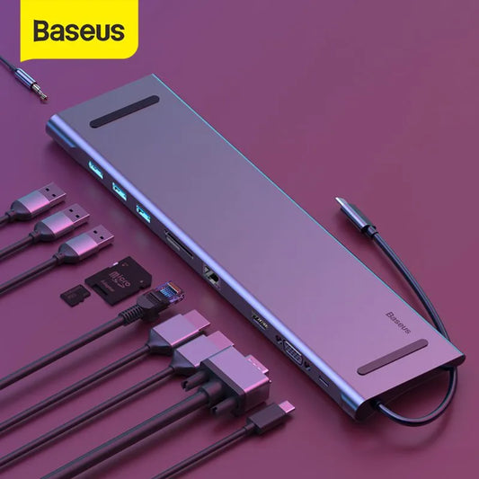 Baseus Enjoyment Series | 11-in-1 Intelligent HD HUB | USB-C Interface | 100W PD Input | 4K HDMI + VGA | RJ45 Gigabit Ethernet | SD/TF Card Readers | 3 × USB 3.0 + 2 × USB 2.0 | Audio Jack | Aluminum Alloy | Dark Gray