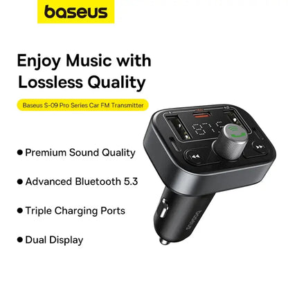 Baseus S-09 Pro Series | Car FM Transmitter + Charger | Bluetooth 5.3 | 18W PD Fast Charging | HiFi Bass | Noise-Cancelling Mic | USB Drive & TF Card Support | LED Display | For iPhone, Android, USB Devices