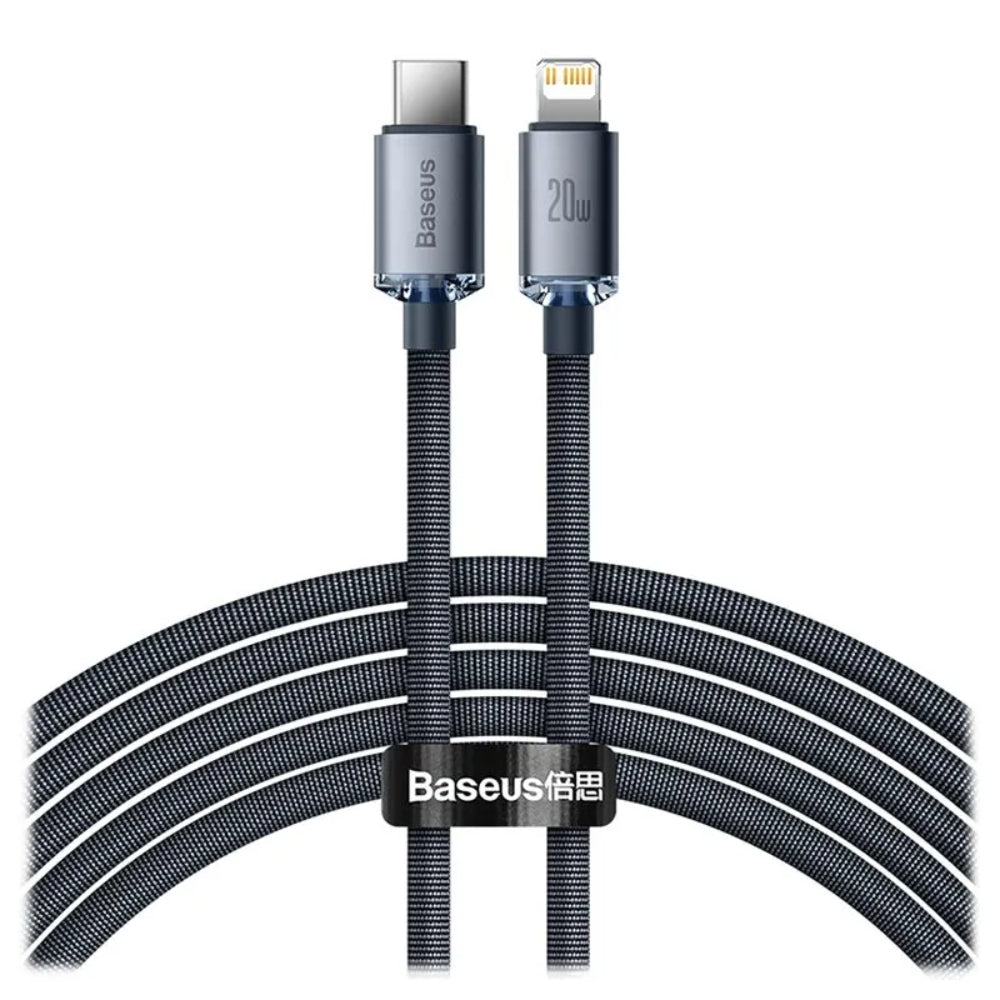 Baseus Crystal Shine Series | USB-C to Lightning Cable | 20W PD Fast Charging | 480Mbps Data | Braided | Glossy Zinc Alloy Finish | 2 Meter | Black | For iPhone, iPad, AirPods