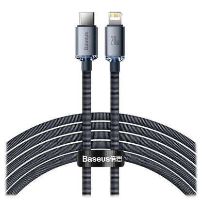 Baseus Crystal Shine Series | USB-C to Lightning Cable | 20W PD Fast Charging | 480Mbps Data | Braided | Glossy Zinc Alloy Finish | 2 Meter | Black | For iPhone, iPad, AirPods