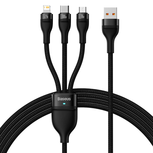 Baseus Flash Series II | One-for-Three Fast Charging Cable | USB-A to MicroUSB + Lightning + Type-C | 100W PD | Data Sync | Smart Chip | Braided Nylon | 1.2 Meter | Black | For Phones, Tablets, Power Banks, Accessories