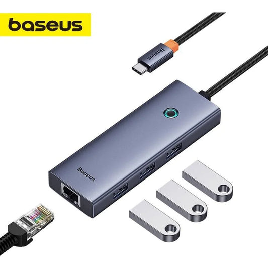 Baseus Flite Series | 4-Port USB-C HUB Adapter | Type-C to USB 3.0 ×3 + RJ45 Ethernet | Gigabit LAN | Compact Design | Aluminum Alloy | Space Gray | For Laptops, Tablets, USB-C Devices
