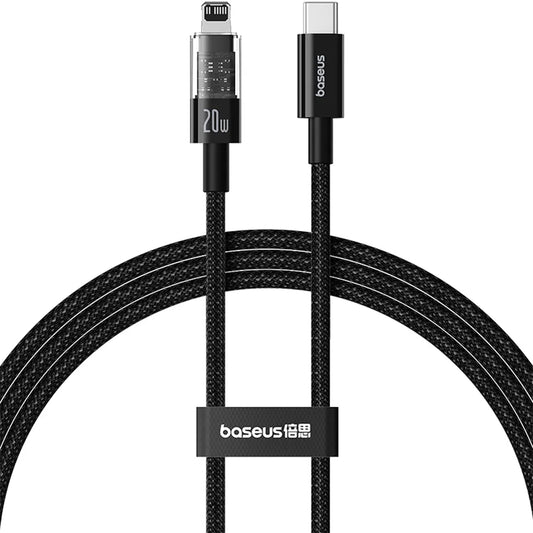 Baseus Gem Series | USB-C to Lightning Cable | 20W PD Fast Charging | Data Sync | Braided Nylon | Aluminum Alloy Connectors | 1 Meter | Black | For iPhones, iPads, Lightning Accessories