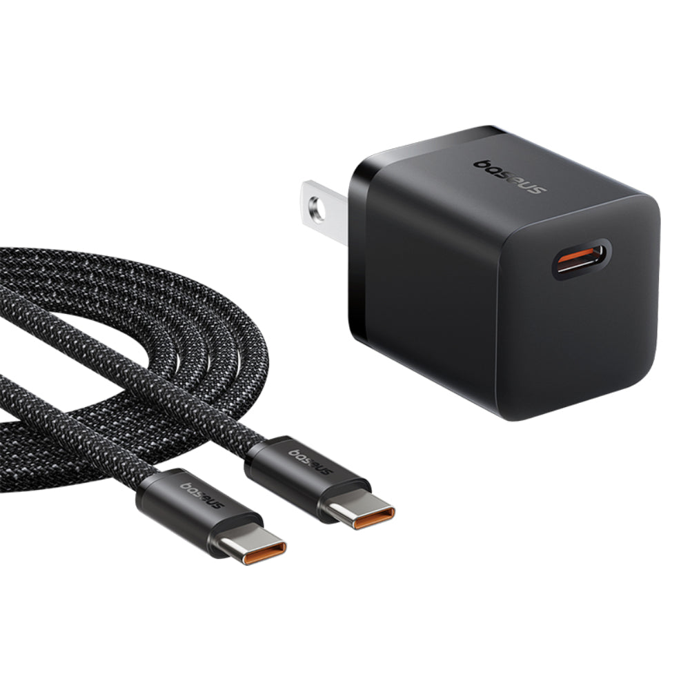 Baseus GaN5 Series | Mini Fast Charger | Single USB-C Port | 25W PD Output | GaN5 Technology | US Plug | Includes USB-C to USB-C Cable | 60W (20V/3A) | 1 Meter | Black | For Phones, Tablets, USB-C Accessories