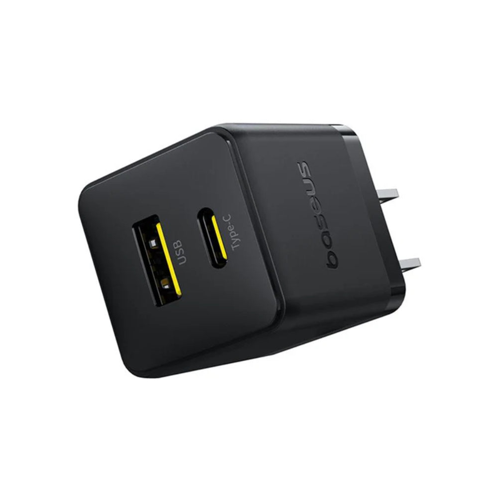 Baseus Palm Series | Dual-Port Fast Charger | USB-C PD + USB-A QC | 30W Total Output | Compact Design | US Plug | Black | For Phones, Tablets, Power Banks, Accessories