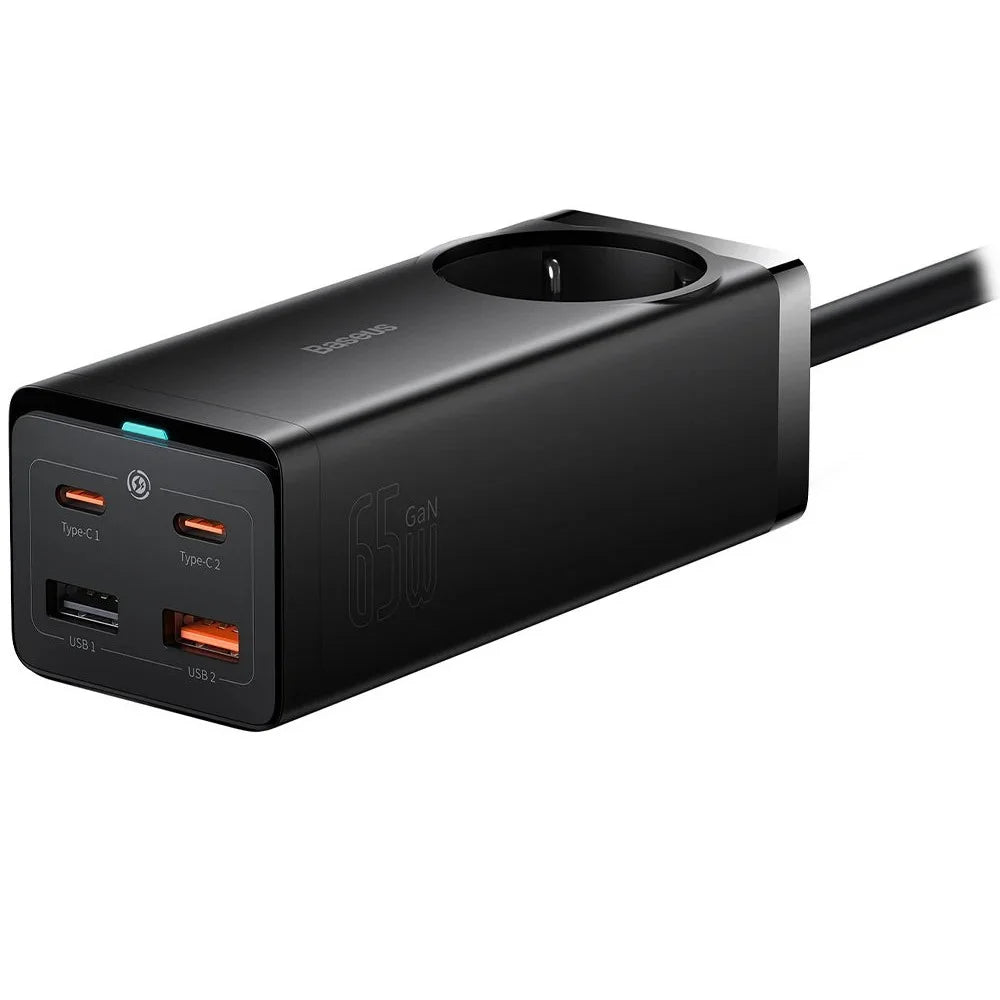 Baseus GaN3 Pro Series | Desktop Powerstrip + Cable Bundle | AC Socket + 2 × USB-A + 2 × USB-C | 65W PD Output | GaN3 Technology | EU Plug | Includes USB-C to USB-C Cable | 100W (20V/5A) | 1 Meter | Black | For Laptops, Tablets, Phones, Accessories
