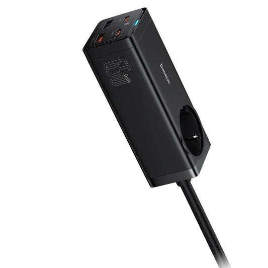 Baseus GaN3 Pro Series | Desktop Powerstrip + Cable Bundle | AC Socket + 2 × USB-A + 2 × USB-C | 65W PD Output | GaN3 Technology | EU Plug | Includes USB-C to USB-C Cable | 100W (20V/5A) | 1 Meter | Black | For Laptops, Tablets, Phones, Accessories