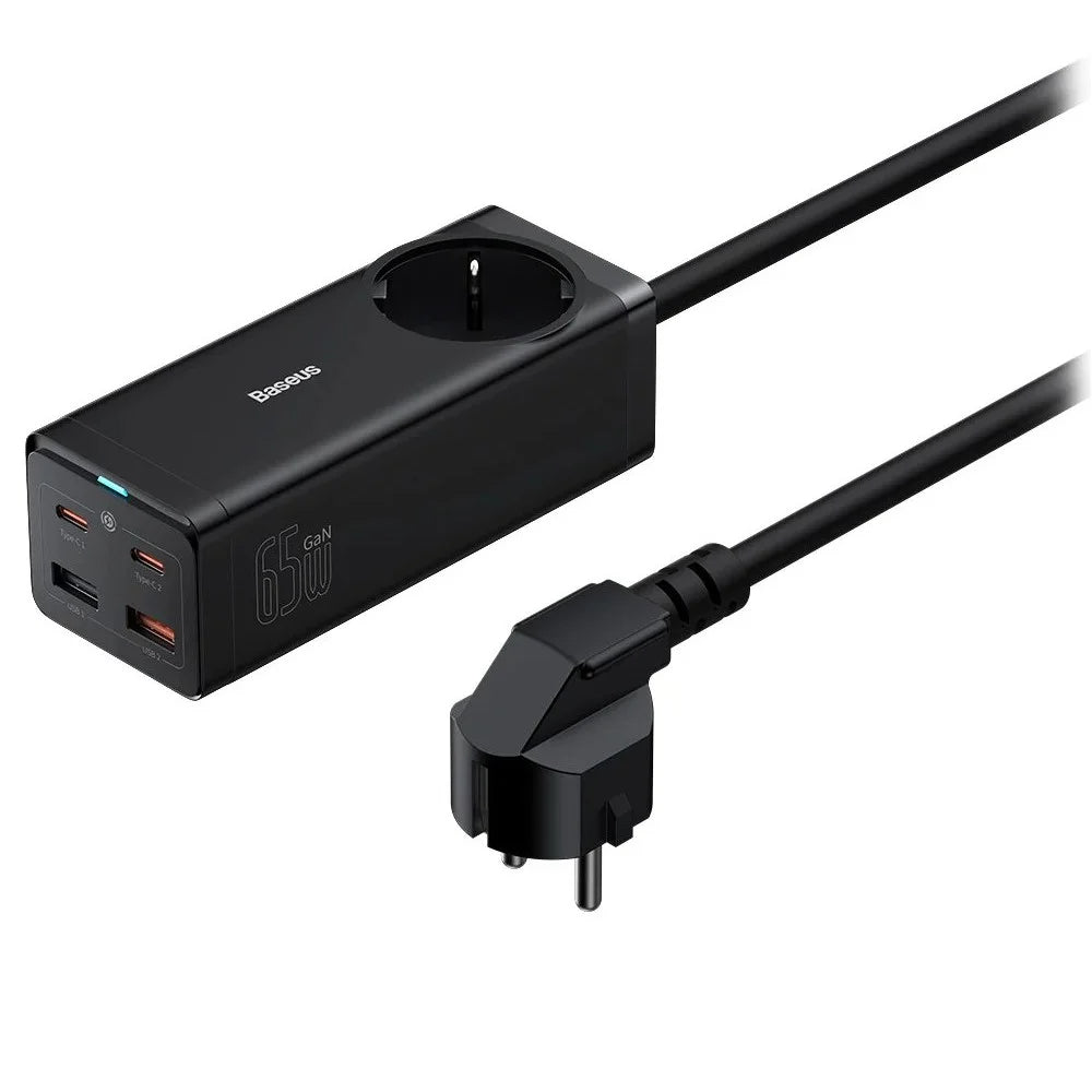 Baseus GaN3 Pro Series | Desktop Powerstrip + Cable Bundle | AC Socket + 2 × USB-A + 2 × USB-C | 65W PD Output | GaN3 Technology | EU Plug | Includes USB-C to USB-C Cable | 100W (20V/5A) | 1 Meter | Black | For Laptops, Tablets, Phones, Accessories