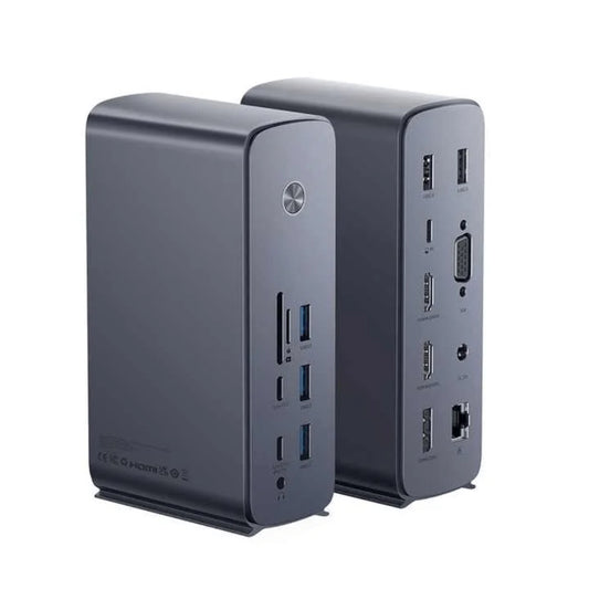 Baseus UnionJoy Pro Series | 17-Port Type-C HUB Docking Station | Quad-Screen Output | 100W PD Input | 4K HDMI ×3 + VGA | RJ45 Gigabit Ethernet | SD/TF Card Readers | USB-C Data + 5 × USB-A | USB-C PD | Audio Jack | DC Power Port