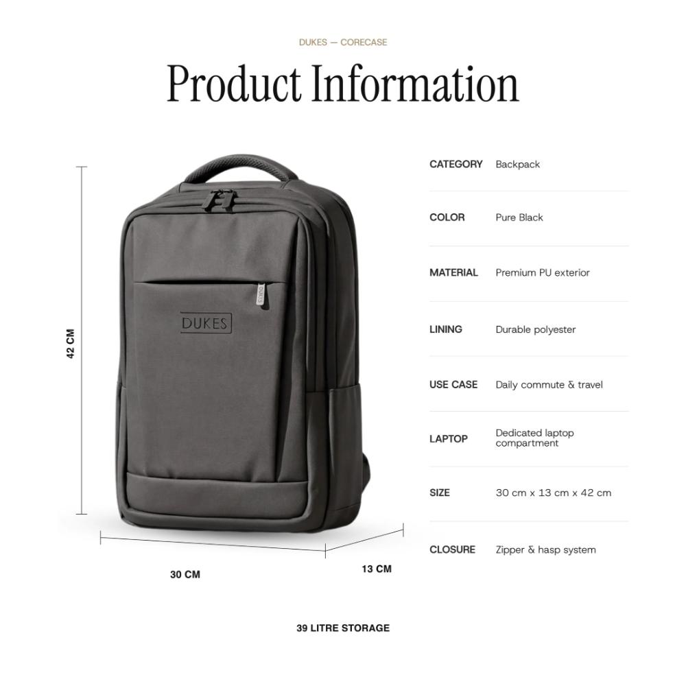 DUKES CORECASE 39L Backpack | Weather-Resistant Laptop Backpack | Suspended Laptop Compartment | Tech Organizer | Trolley Sleeve