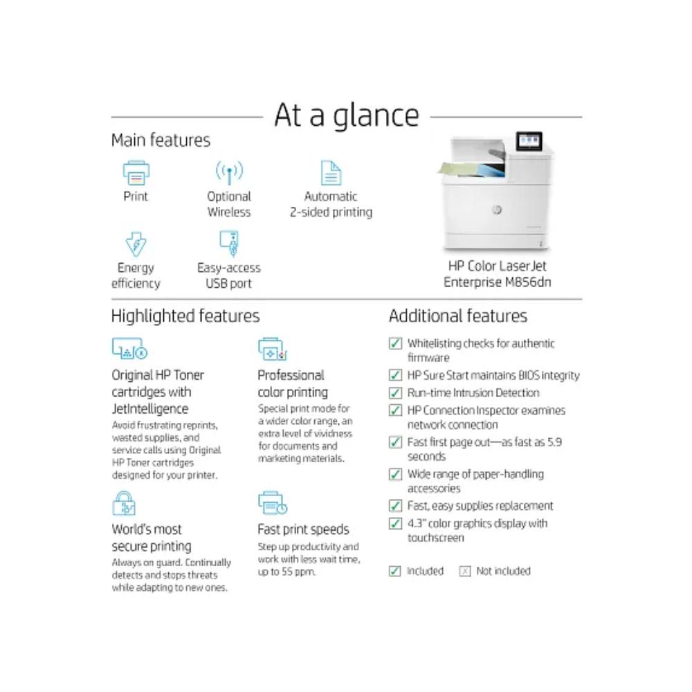 HP Color LaserJet Enterprise M856dn | A3 Color Laser Printer | 56ppm | 1200×1200 dpi | 4.3" Touchscreen | Auto Duplex | Enterprise Security | High-Volume Printing