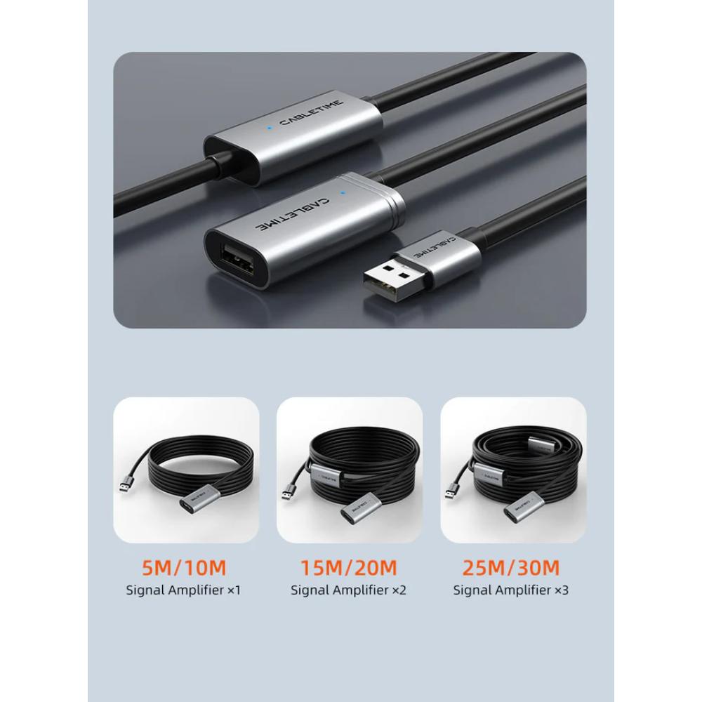 CABLETIME CA19 | Active USB 2.0 A Male to A Female Extension Cable | 480Mbps Data Transfer | Aluminum Shell | Multiple Length Options