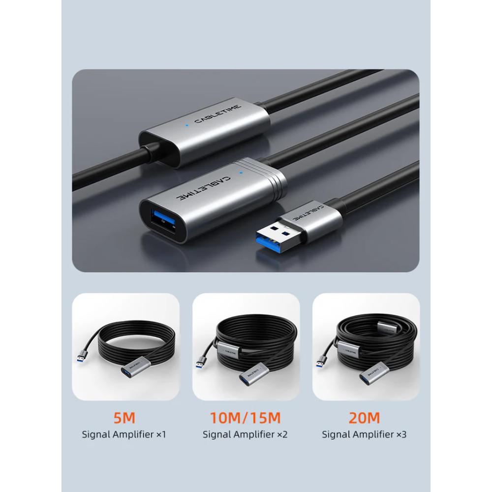CABLETIME CA18 | USB 3.0 Active Extension Cable Male to Female (5m / 10m / 15m / 20m) with Amplifier