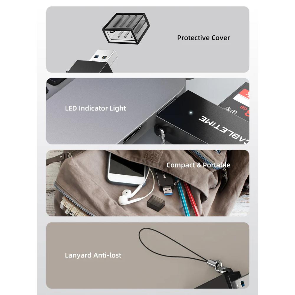 CABLETIME CD41G | USB 3.0 A to SD Card Reader | Dual Slot | 5Gbps High-Speed