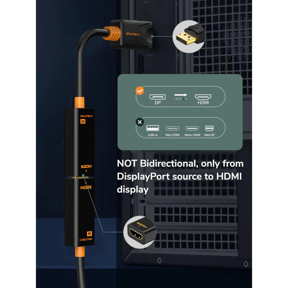 CABLETIME CP21B | DisplayPort to HDMI Adapter | 4K@30Hz | DP Male to HDMI Female