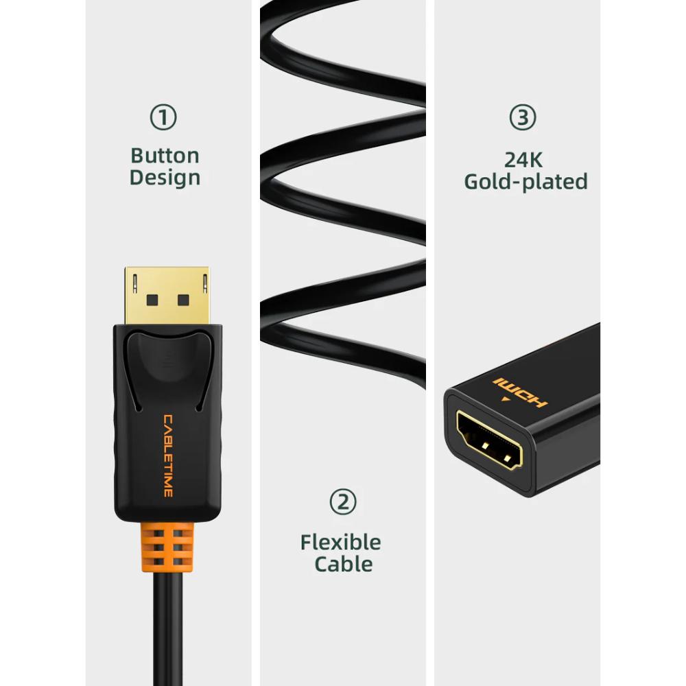 CABLETIME CP21B | DisplayPort to HDMI Adapter | 4K@30Hz | DP Male to HDMI Female