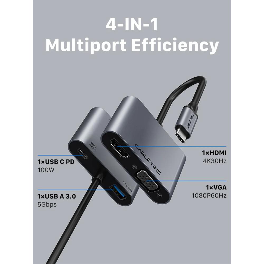CABLETIME CB41G | 4-in-1 USB-C to HDMI VGA Adapter | 4K HDMI, VGA, 100W PD, USB-A 3.0 | MacBook, Windows, iPad