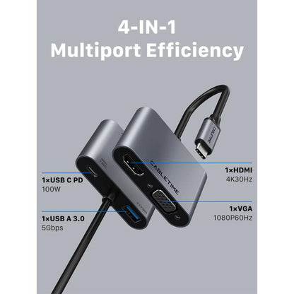 CABLETIME CB41G | 4-in-1 USB-C to HDMI VGA Adapter | 4K HDMI, VGA, 100W PD, USB-A 3.0 | MacBook, Windows, iPad