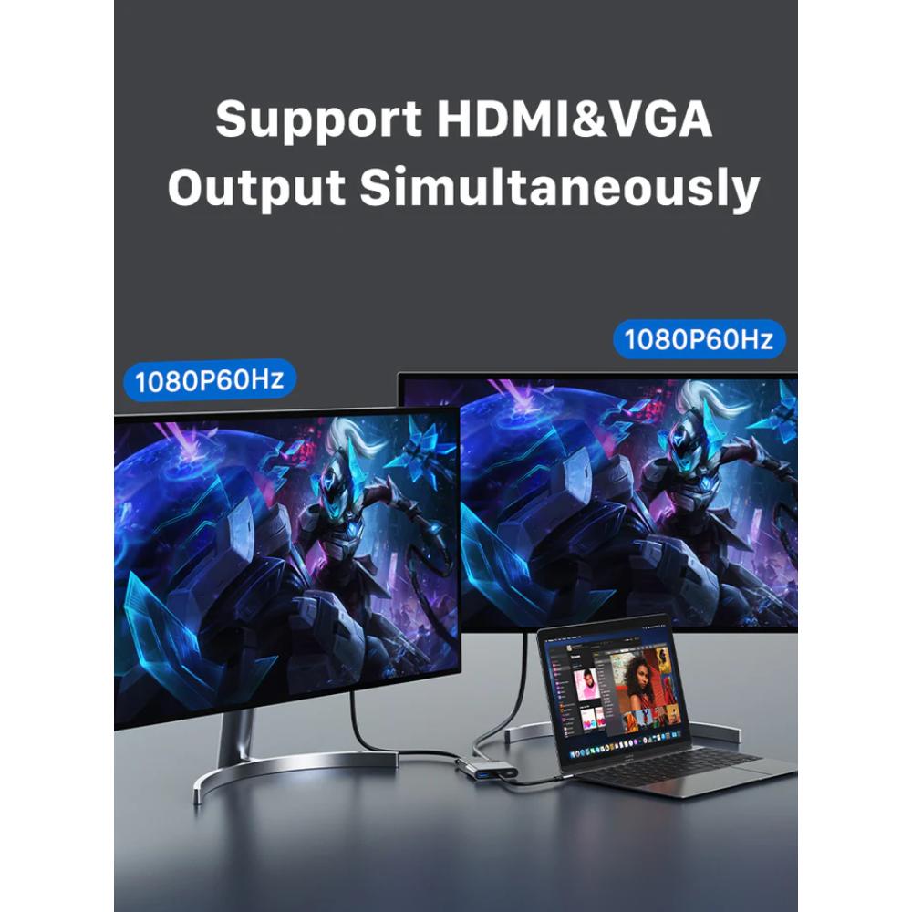 CABLETIME CB41G | 4-in-1 USB-C to HDMI VGA Adapter | 4K HDMI, VGA, 100W PD, USB-A 3.0 | MacBook, Windows, iPad