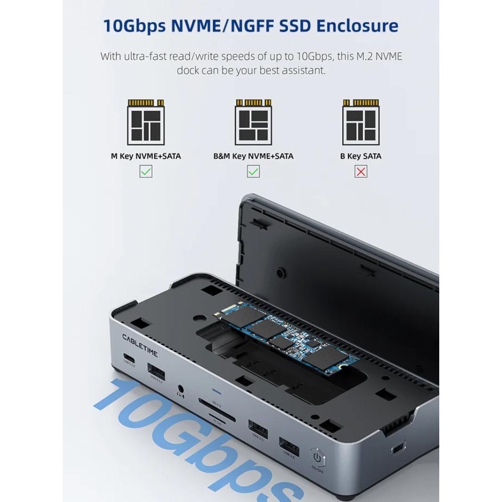 CABLETIME CB14S | 15-in-1 USB-C Docking Station with NVMe SSD Enclosure, Triple Display (2×HDMI + DP), 8K@30Hz, 10Gbps Data, 2.5Gbps LAN, 100W PD