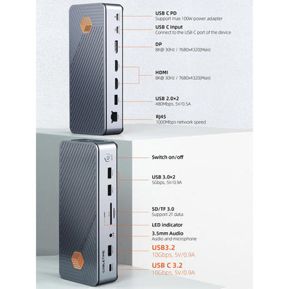 CABLETIME CB14S | 15-in-1 USB-C Docking Station with NVMe SSD Enclosure, Triple Display (2×HDMI + DP), 8K@30Hz, 10Gbps Data, 2.5Gbps LAN, 100W PD