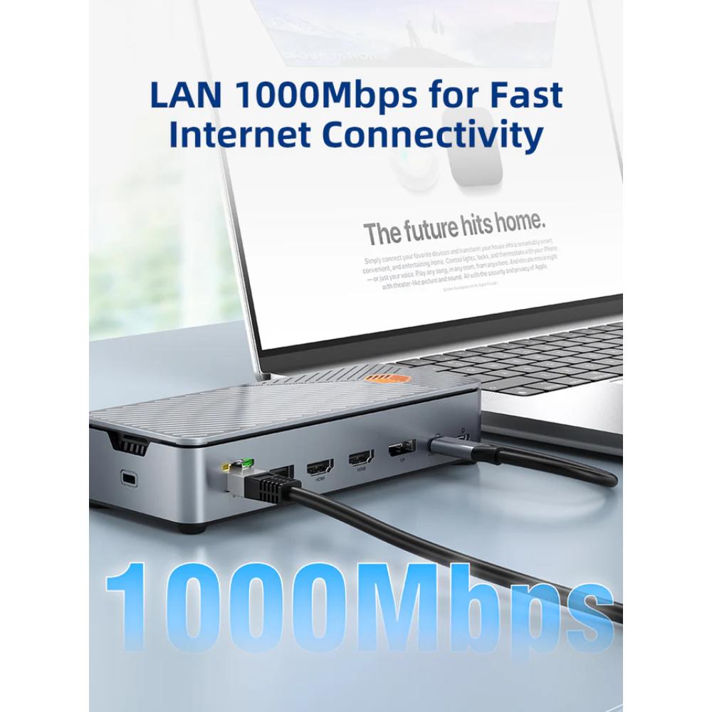 CABLETIME CB14G | 15-in-1 Universal USB-C Docking Station with Triple Display (2×HDMI + DisplayPort), 8K@30Hz, 100W PD, 10Gbps Data, Gigabit LAN