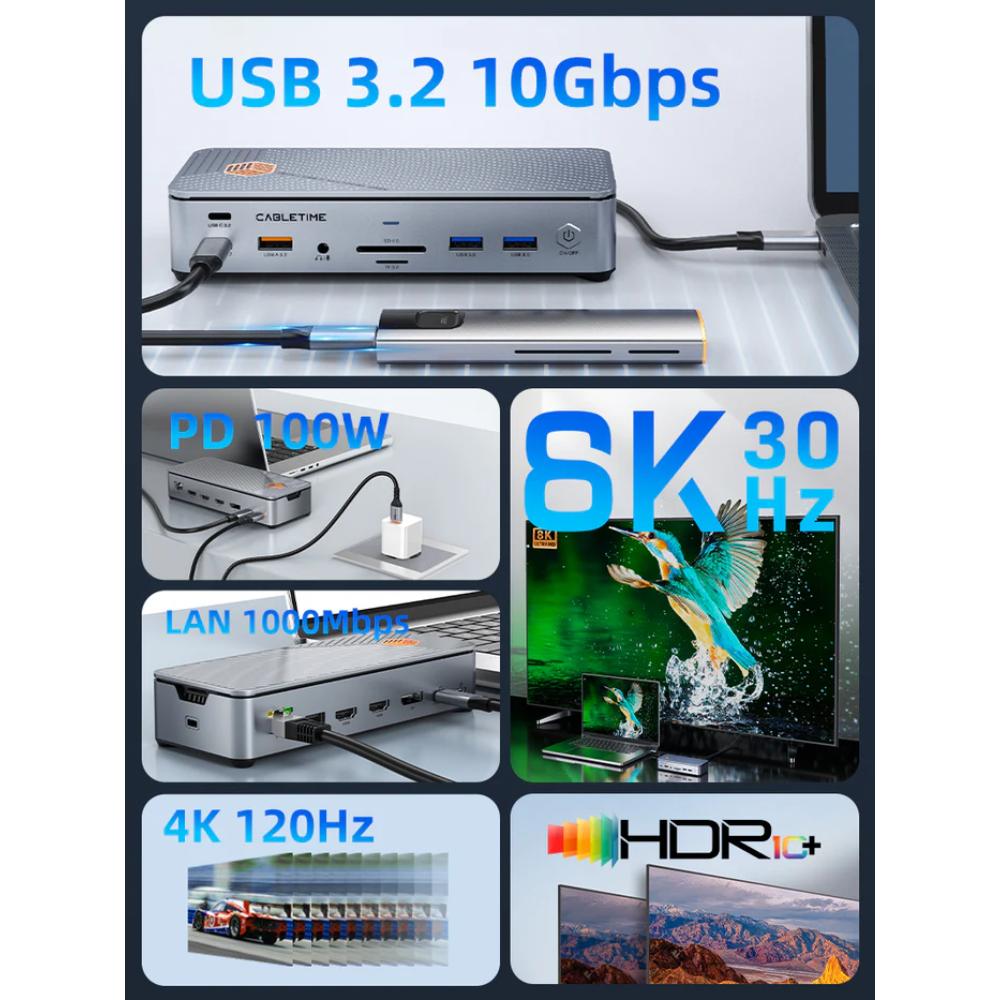 CABLETIME CB14G | 15-in-1 Universal USB-C Docking Station with Triple Display (2×HDMI + DisplayPort), 8K@30Hz, 100W PD, 10Gbps Data, Gigabit LAN