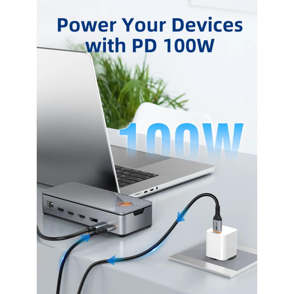 CABLETIME CB14G | 15-in-1 Universal USB-C Docking Station with Triple Display (2×HDMI + DisplayPort), 8K@30Hz, 100W PD, 10Gbps Data, Gigabit LAN