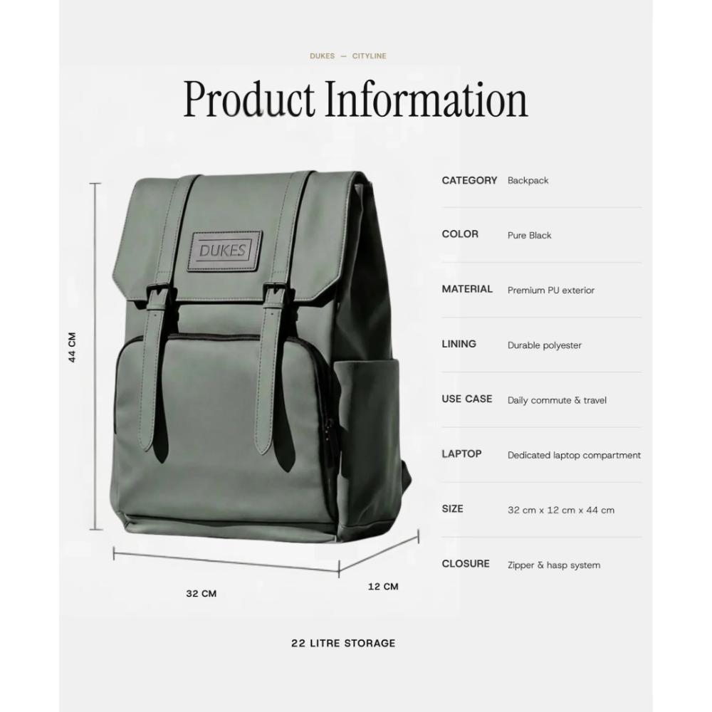 DUKES CITYLINE 22L Backpack | Premium PU Exterior | Water-Resistant | Dedicated Computer Interlayer | Magnetic Flap | Trolley Sleeve