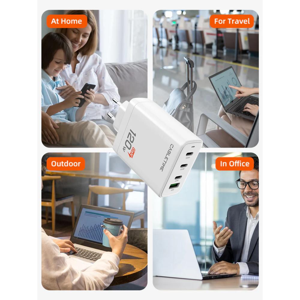 CABLETIME G120W 120W 4-Port GaN USB-C Wall Charger | 3× USB-C + 1× USB-A | 100W PD | EU Plug | Fast Charging for Laptop & Mobile