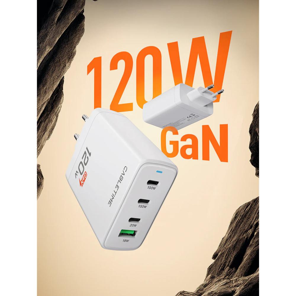 CABLETIME G120W 120W 4-Port GaN USB-C Wall Charger | 3× USB-C + 1× USB-A | 100W PD | EU Plug | Fast Charging for Laptop & Mobile