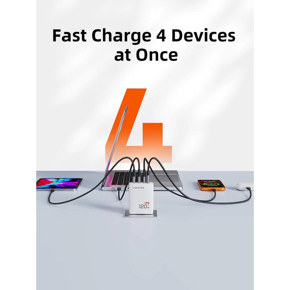 CABLETIME G120W 120W 4-Port GaN USB-C Wall Charger | 3× USB-C + 1× USB-A | 100W PD | EU Plug | Fast Charging for Laptop & Mobile