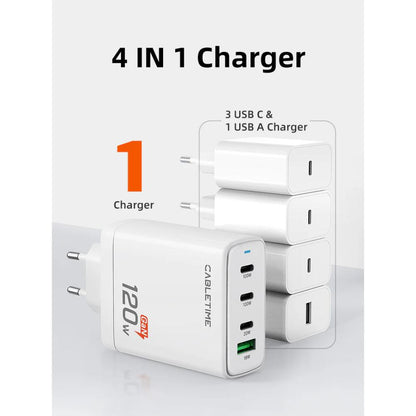 CABLETIME G120W 120W 4-Port GaN USB-C Wall Charger | 3× USB-C + 1× USB-A | 100W PD | EU Plug | Fast Charging for Laptop & Mobile
