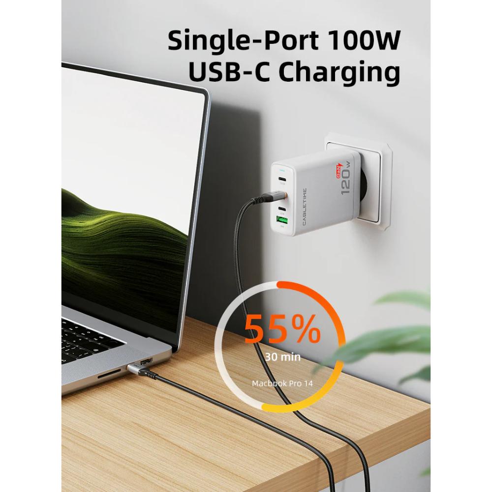CABLETIME G120W 120W 4-Port GaN USB-C Wall Charger | 3× USB-C + 1× USB-A | 100W PD | EU Plug | Fast Charging for Laptop & Mobile